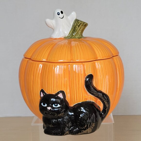 Halloween 3D Ceramic Pumpkin Black Cat Ghost Candy Cookie Canister Jar With Lid - Picture 1 of 16